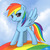 Size: 800x800 | Tagged: safe, artist:johnjoseco, rainbow dash, pegasus, pony, g4, cloud, female, mare, rainbow, sky, smiling, smirk, solo