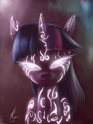 Size: 768x1024 | Tagged: safe, artist:grissaecrim, twilight sparkle, pony, unicorn, g4, female, glowing, glowing eyes, looking at you, mare, runes, solo, tattoo, twilight sparkle glowing eyes