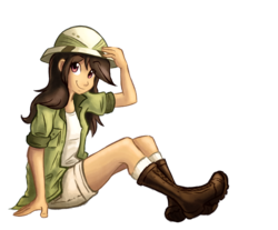 Size: 1028x852 | Tagged: safe, artist:ric-m, daring do, human, g4, boots, brown hair, clothes, cute, daring dorable, female, hat, humanized, light skin, pants, pith helmet, shoes, simple background, sitting, solo, tank top, transparent background