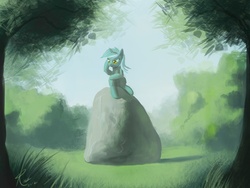 Size: 880x660 | Tagged: dead source, safe, artist:grissaecrim, lyra heartstrings, pony, unicorn, g4, female, mare, rock, sitting, solo, thinking