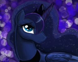 Size: 2000x1600 | Tagged: safe, artist:shroudofshadows, princess luna, alicorn, pony, g4, abstract background, bust, female, horn, jewelry, looking back, mare, portrait, regalia, solo, tiara, wings