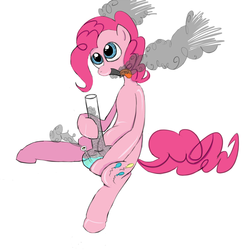 Size: 1454x1474 | Tagged: safe, artist:litcigarette, pinkie pie, earth pony, pony, g4, bloodshot eyes, bong, drugs, female, junkie pie, mare, simple background, sitting, solo, white background