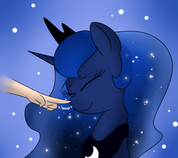 Size: 1800x1600 | Tagged: dead source, safe, artist:rolo, princess luna, alicorn, human, pony, g4, boop, cute, disembodied hand, duo, eyes closed, female, hand, lunabetes, mare, offscreen character, offscreen human, smiling