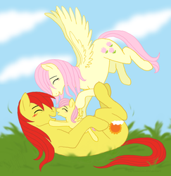 Size: 973x1000 | Tagged: safe, artist:cartoonlion, fluttershy, posey, sunburst (g1), earth pony, pegasus, pony, g1, g4, bonding, cute, eyes closed, family, female, filly, flying, foal, g1 to g4, generation leap, male, mare, on back, parent, poseybetes, race swap, ship:sunposey, shipping, shyabetes, stallion, straight, wings
