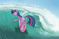 Size: 2046x1362 | Tagged: safe, artist:gsphere, twilight sparkle, pony, unicorn, g4, bipedal, female, mare, solo, surfboard, surfing, unicorn twilight, water, wave