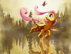 Size: 2000x1501 | Tagged: source needed, safe, artist:changeunism, fluttershy, butterfly, pegasus, pony, g4, featured image, female, flying, forest, lake, looking at something, looking up, mare, mist, reflection, scenery, smiling, solo, spread wings, tree, water