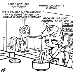 Size: 945x945 | Tagged: safe, artist:megasweet, bon bon, lyra heartstrings, sweetie drops, earth pony, pony, unicorn, g4, bathrobe, black and white, chocolate pudding, clothes, cooking, crossover, dialogue, duo, female, food, grayscale, kitchen, lidded eyes, lineart, lost control of my life, lyra is not amused, magic, making chocolate pudding, mare, monochrome, pudding, robe, rugrats, telekinesis
