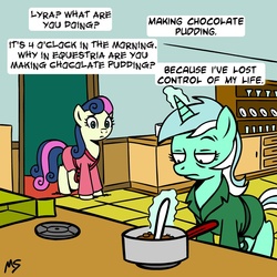 Size: 945x945 | Tagged: safe, artist:megasweet, bon bon, lyra heartstrings, sweetie drops, earth pony, pony, unicorn, g4, bathrobe, chocolate pudding, clothes, cooking, crossover, duo, female, i've lost control of my life, indoors, kitchen, lost control of my life, lyra is not amused, making chocolate pudding, mare, meme, parody, pudding, robe, rugrats, secret