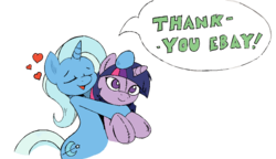 Size: 909x524 | Tagged: safe, artist:joey darkmeat, trixie, twilight sparkle, pony, unicorn, equestria daily, g4, dialogue, ebay, eyes closed, female, heart, lesbian, mare, plushie, ship:twixie, shipping, simple background, smiling, speech bubble, transparent background, twidoll, vector