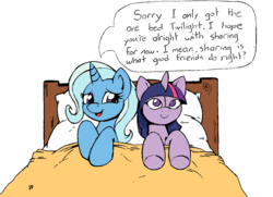 Size: 1113x805 | Tagged: safe, artist:joey darkmeat, trixie, twilight sparkle, pony, unicorn, g4, bed, dialogue, female, lesbian, mare, plushie, sad, ship:twixie, shipping, simple background, transparent background, twidoll