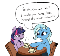 Size: 507x474 | Tagged: safe, artist:joey darkmeat, trixie, twilight sparkle, pony, unicorn, g4, dialogue, female, lesbian, mare, plushie, sad, ship:twixie, shipping, simple background, tea, transparent background, twidoll