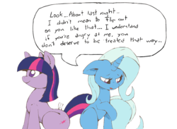 Size: 1003x735 | Tagged: safe, artist:joey darkmeat, trixie, twilight sparkle, pony, unicorn, g4, dialogue, female, floppy ears, lesbian, mare, plushie, ship:twixie, shipping, simple background, transparent background, twidoll