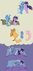 Size: 1203x2559 | Tagged: safe, artist:joey darkmeat, applejack, fluttershy, trixie, twilight sparkle, earth pony, pegasus, pony, unicorn, g4, bad end, bed, bench, comic, crying, cute, diatrixes, feels, female, food, forever alone, gray background, lesbian, lonely, mare, meme, oat smoothie, plushie, sad, sandwich, ship:twixie, shipping, simple background, sitting, smoothie, the sad and depressive trixie, thought bubble, twidoll