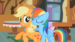 Size: 1320x741 | Tagged: safe, screencap, applejack, rainbow dash, earth pony, pegasus, pony, g4, season 2, the mysterious mare do well, applejack's hat, braid, cowboy hat, do not want, duo, eyes closed, female, hat, mare, out of context, sugarcube corner