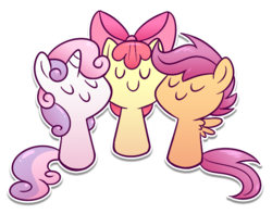 Size: 600x472 | Tagged: safe, artist:ufocookiez, apple bloom, scootaloo, sweetie belle, earth pony, pegasus, pony, unicorn, g4, cutie mark crusaders, eyes closed, female, filly, simple background, smiling, transparent background