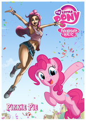 Size: 1024x1448 | Tagged: safe, artist:irving-zero, pinkie pie, earth pony, human, pony, g4, 2010-17 mlp logo, 2010s, 2012, airborne, armpits, arms in the air, belly button, belt, blue eyes, clothes, confetti, converse, daisy dukes, denim shorts, female, happy, human ponidox, humanized, jumping, looking at you, mare, midriff, my little pony logo, open mouth, pink fur, pink hair, pink mane, ponyville, self ponidox, shoes, shorts, smiling, sneakers, socks, solo, sunny day, tank top