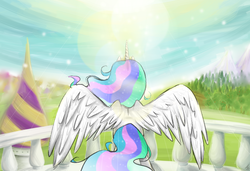 Size: 1900x1300 | Tagged: dead source, safe, artist:hahasauce, princess celestia, alicorn, pony, g4, balcony, crepuscular rays, female, mare, rear view, solo, spread wings, sun, wings