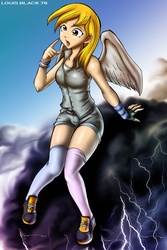 Size: 1601x2400 | Tagged: safe, artist:louisblack78, derpy hooves, human, g4, female, humanized, sitting, solo, stormcloud, winged humanization, wings