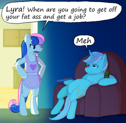 Size: 700x681 | Tagged: safe, artist:cartoonlion, bon bon, lyra heartstrings, sweetie drops, earth pony, pony, unicorn, g4, apron, armchair, beer, bipedal, bon bon is not amused, chair, clothes, couch, couch potato, female, get a job, housewife, lazy, mare, meh, meme, remote, sitting, sitting lyra, slouching