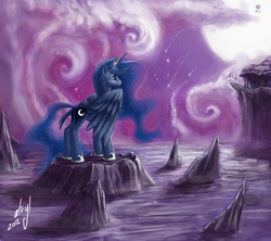 Size: 1857x1650 | Tagged: safe, artist:atryl, derpy hooves, pinkie pie, princess celestia, princess luna, alicorn, earth pony, pegasus, pony, balloon, cloud, cloudy, female, floating, mare, moon, night, rock, scenery, shooting star, sky, spread wings, stars, then watch her balloons lift her up to the sky, water