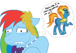 Size: 1111x773 | Tagged: safe, artist:cartoonlion, rainbow dash, spitfire, pegasus, pony, g4, butt, butt shake, clothes, dialogue, dress, feels like i'm wearing nothing at all, female, gala dress, goggles, male, mare, plot, simple background, stupid sexy flanders, stupid sexy spitfire, the simpsons, transparent background, wonderbolts uniform