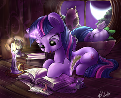 Size: 1300x1047 | Tagged: safe, artist:atryl, owlowiscious, smarty pants, spike, twilight sparkle, dragon, pony, unicorn, g4, book, bookhorse, candle, female, glowing, golden oaks library, ink, magic, male, mare, night, open mouth, prone, quill, reading, telekinesis, that pony sure does love books, unicorn twilight, written equestrian
