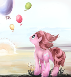 Size: 1200x1300 | Tagged: safe, artist:eightbitmagic, pinkie pie, earth pony, pony, g4, balloon, female, looking up, mare, solo