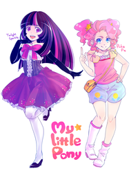 Size: 1150x1517 | Tagged: safe, artist:tate-ya, pinkie pie, twilight sparkle, human, g4, boots, clothes, dress, duo, female, gloves, humanized, purse, simple background, white background
