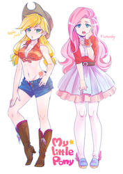 Size: 1074x1517 | Tagged: safe, artist:tate-ya, applejack, fluttershy, human, g4, 2010s, 2012, apple, belly, belly button, belt, blonde hair, boots, breasts, busty applejack, cleavage, clothes, couple, cowboy boots, cowboy hat, cowgirl, denim shorts, dress, dressup, duo, duo female, ear piercing, earring, embarrassed, female, food, freckles, front knot midriff, girly girl, green eyes, hand on hip, hand on thigh, hat, high socks, humanized, jewelry, lesbian, midriff, piercing, pigtails, pink hair, ship:appleshy, shipping, shoes, shorts, simple background, skirt, tomboy, unbuttoned, white background, winged shoes