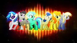 Size: 1920x1080 | Tagged: dead source, safe, artist:episkopi, bon bon, carrot top, derpy hooves, dj pon-3, golden harvest, lyra heartstrings, octavia melody, sweetie drops, vinyl scratch, earth pony, pegasus, pony, unicorn, g4, background six, female, mare, scrunchy face, wallpaper