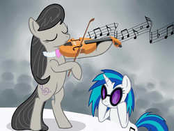 Size: 1400x1050 | Tagged: safe, artist:lostwolfen, dj pon-3, octavia melody, vinyl scratch, earth pony, pony, unicorn, g4, bipedal, comic, duo, eyes closed, female, mare, music, music notes, musical instrument, violin