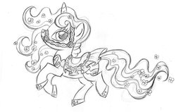 Size: 900x573 | Tagged: safe, artist:lauren faust, rarity, pony, unicorn, g4, behind the scenes, bridle, color me, concept art, female, flower, flower in hair, flower in tail, grayscale, lineart, mare, monochrome, saddle, simple background, sketch, solo, traditional art, what could have been, white background