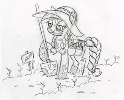 Size: 900x726 | Tagged: safe, artist:lauren faust, applejack, earth pony, pony, g4, alternate hairstyle, behind the scenes, braid, braided tail, color me, concept art, female, gardening, hat, lineart, mare, monochrome, shovel, sketch, solo, sweat