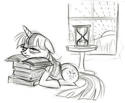 Size: 900x746 | Tagged: safe, artist:lauren faust, twilight sparkle, pony, unicorn, g4, bags under eyes, behind the scenes, book, color me, concept art, dawn, female, floppy ears, hourglass, lineart, mare, morning ponies, prone, sketch, solo, tired, unicorn twilight, window