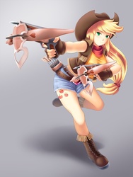 Size: 600x800 | Tagged: safe, artist:yatonokami, applejack, human, g4, apple, archer, belt, blonde hair, boots, clothes, commission, cowboy boots, cowboy hat, cowgirl, crossbow, denim shorts, fantasy class, female, fingerless gloves, food, freckles, gloves, gradient background, green eyes, hair tie, happy, hat, humanized, shoes, shorts, smiling, solo, tomboy, weapon, wip