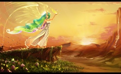 Size: 1440x873 | Tagged: safe, artist:quizzicalkisses, princess celestia, butterfly, human, g4, barefoot, clothes, dress, feet, female, fire, flower, humanized, magic, off shoulder, scenery, smiling, solo, spread wings, sun, sunrise, winged humanization