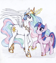 Size: 869x984 | Tagged: safe, artist:longinius, princess celestia, twilight sparkle, alicorn, pony, unicorn, g4, duo, female, magic, mare, traditional art