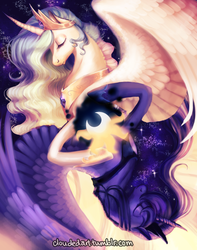 Size: 685x870 | Tagged: safe, artist:cloudedart, princess celestia, princess luna, alicorn, pony, g4, contrast, curved horn, duality, duo, eyes closed, female, horn, mare, profile