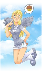 Size: 513x858 | Tagged: safe, artist:zoe-productions, derpy hooves, human, g4, 2010s, 2012, blushing, bubble, clothes, colored pupils, cute, denim shorts, female, flying, hand on hip, happy, humanized, kneesocks, muffin, shirt, shorts, silly, sky, smiling, socks, solo, t-shirt, tomboy, uniform, winged humanization, wings, yellow eyes, yellow hair