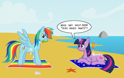 Size: 1280x810 | Tagged: safe, artist:evaxilth, rainbow dash, twilight sparkle, pegasus, pony, unicorn, g4, beach, female, lesbian, mare, mouth hold, ocean, prone, ship:twidash, shipping, sunscreen, unicorn twilight, water