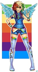 Size: 738x1376 | Tagged: safe, artist:ron-nie, rainbow dash, human, g4, 2010s, 2012, abstract background, boots, clothes, confident, denim shorts, devil horn (gesture), female, hand on hip, humanized, multicolored hair, one eye closed, rainbow hair, shorts, smiling, smirk, solo, tank top, thigh boots, thigh highs, tomboy, winged humanization, wings, wink