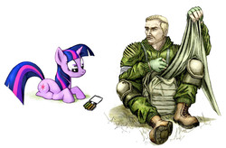 Size: 1280x839 | Tagged: safe, artist:slade, twilight sparkle, human, pony, unicorn, g4, crossover, duo, female, frown, human male, looking at something, looking down, male, mare, prone, s.t.a.l.k.e.r., simple background, sitting, unicorn twilight, white background