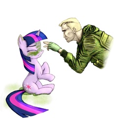 Size: 1227x1307 | Tagged: safe, artist:slade, twilight sparkle, human, pony, unicorn, g4, camouflage, crossover, duo, eyes closed, female, human male, male, mare, s.t.a.l.k.e.r., simple background, sitting, unicorn twilight, white background