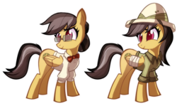 Size: 1312x782 | Tagged: safe, artist:ric-m, daring do, pegasus, pony, g4, alternate hairstyle, bandage, bowtie, clothes, comparison, cute, daring dorable, double life, female, glasses, hat, hilarious in hindsight, indiana jones, injured, mare, parody, pith helmet, professor, raised eyebrow, shirt, simple background, smiling, solo, transparent background