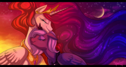 Size: 1050x560 | Tagged: safe, artist:heilos, princess celestia, princess luna, alicorn, pony, g4, :t, alternate hair color, crescent moon, crying, duality, duo, duo female, ethereal mane, eyes closed, eyeshadow, female, floppy ears, gradient mane, happy, heart, jewelry, makeup, mare, moon, neck nuzzle, night, nuzzling, peytral, red mane, s1 luna, sisters, sitting, smiling, snuggling, sparkles, starry mane, stars, sunset, tears of joy, tiara, wing fluff