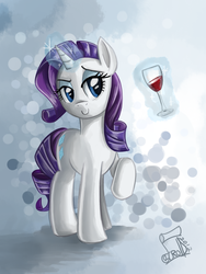 Size: 798x1064 | Tagged: dead source, safe, artist:cainescroll, rarity, pony, unicorn, g4, abstract background, alcohol, female, glass, magic, mare, raised hoof, solo, toasting, wine, wine glass
