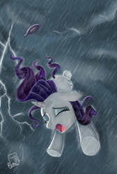Size: 1179x1758 | Tagged: safe, artist:cainescroll, rarity, pony, unicorn, fanfic:the flight of the alicorn, g4, airship, crying, eyes closed, falling, fanfic, fanfic art, female, lightning, mare, rain, solo, storm
