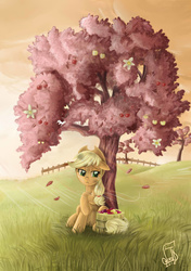 Size: 2267x3216 | Tagged: safe, artist:cainescroll, applejack, earth pony, pony, g4, the last roundup, bucket, cherry, cherry blossoms, cherry tree, female, floppy ears, flower, flower blossom, high res, homesick, mare, sitting, solo, tree, wind, yellow cherry