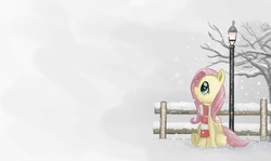 Size: 1366x813 | Tagged: safe, artist:cainescroll, fluttershy, pegasus, pony, g4, clothes, female, lamppost, looking up, mare, outdoors, profile, scarf, sitting, smiling, snow, snowfall, solo, tree, wallpaper, winter