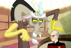 Size: 1000x680 | Tagged: safe, artist:willdrawforfood1, discord, human, g4, crossover, disqord, duo, duo male, jean-luc picard, male, q, star trek, star trek: the next generation, voice actor joke